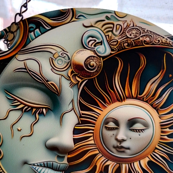 Moon and Sun Ying Yang style Glass Painted  Hanging Artwork w Chain - Picture 7 of 9